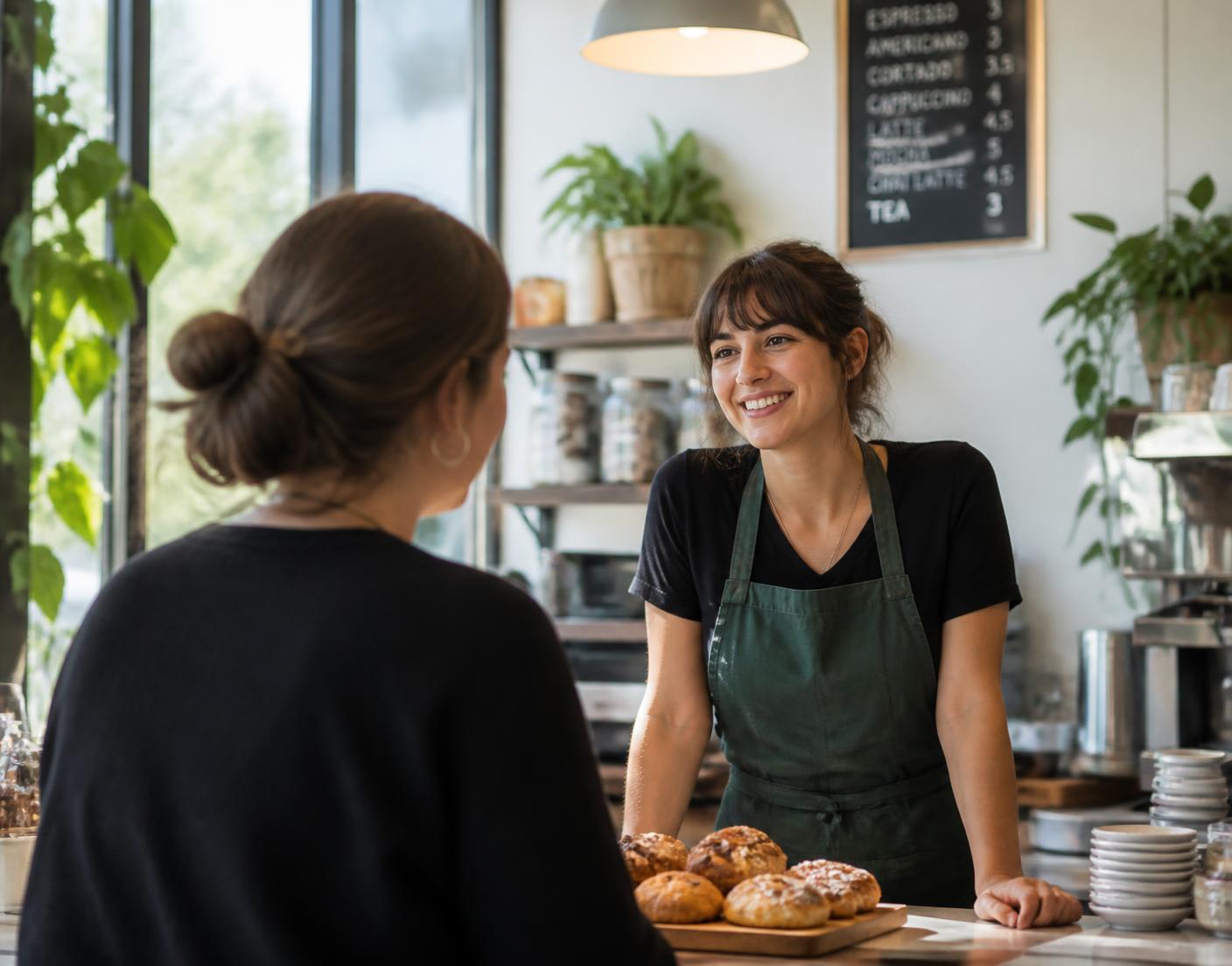 A barista talking with a customer across the counter of a bright café