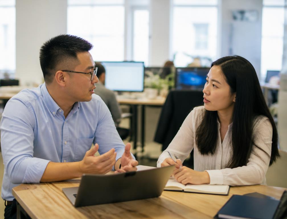 Two coworkers talking across a table in an open-plan office