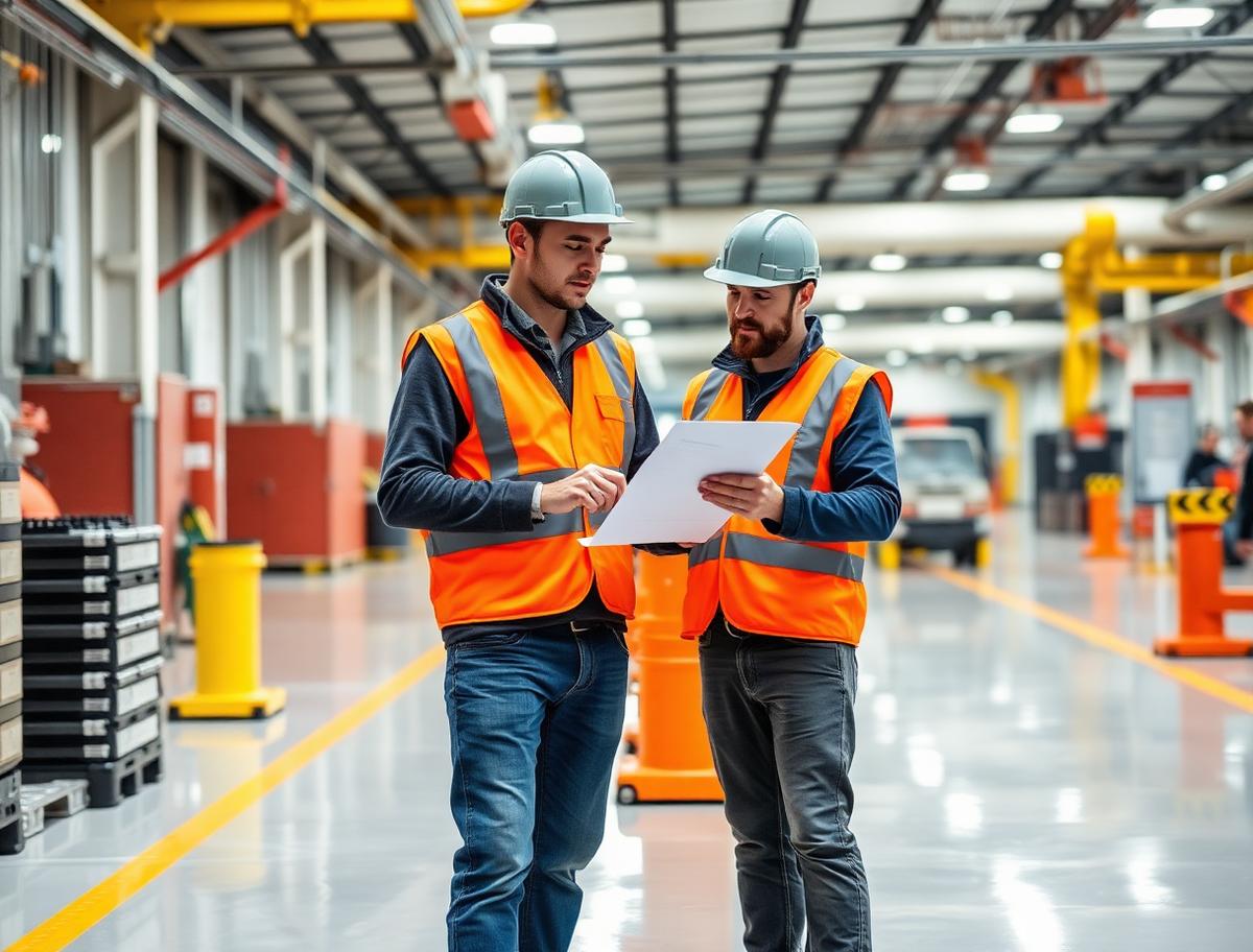 Two workers in high-visibility vests on a manufacturing floor